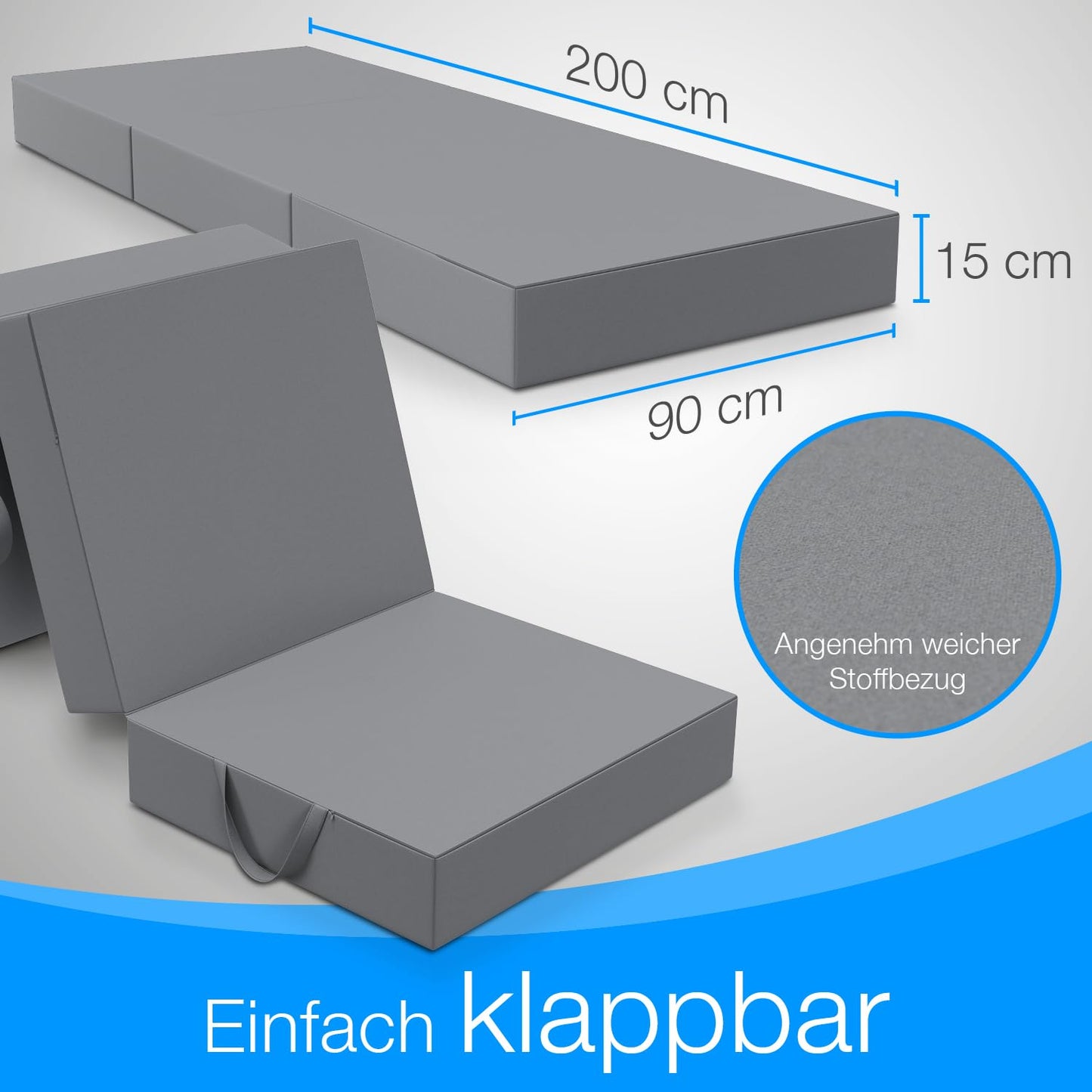ELONEO Klappmatratze, Gästematratze, 3-teilige Faltmatratze, Schaumstoff extra dick (15cm), waschbar, Bandscheibenwürfel, klappbar, Faltbare Matratze, Erwachsene (Grau, 90 x 200 x 15 cm)
