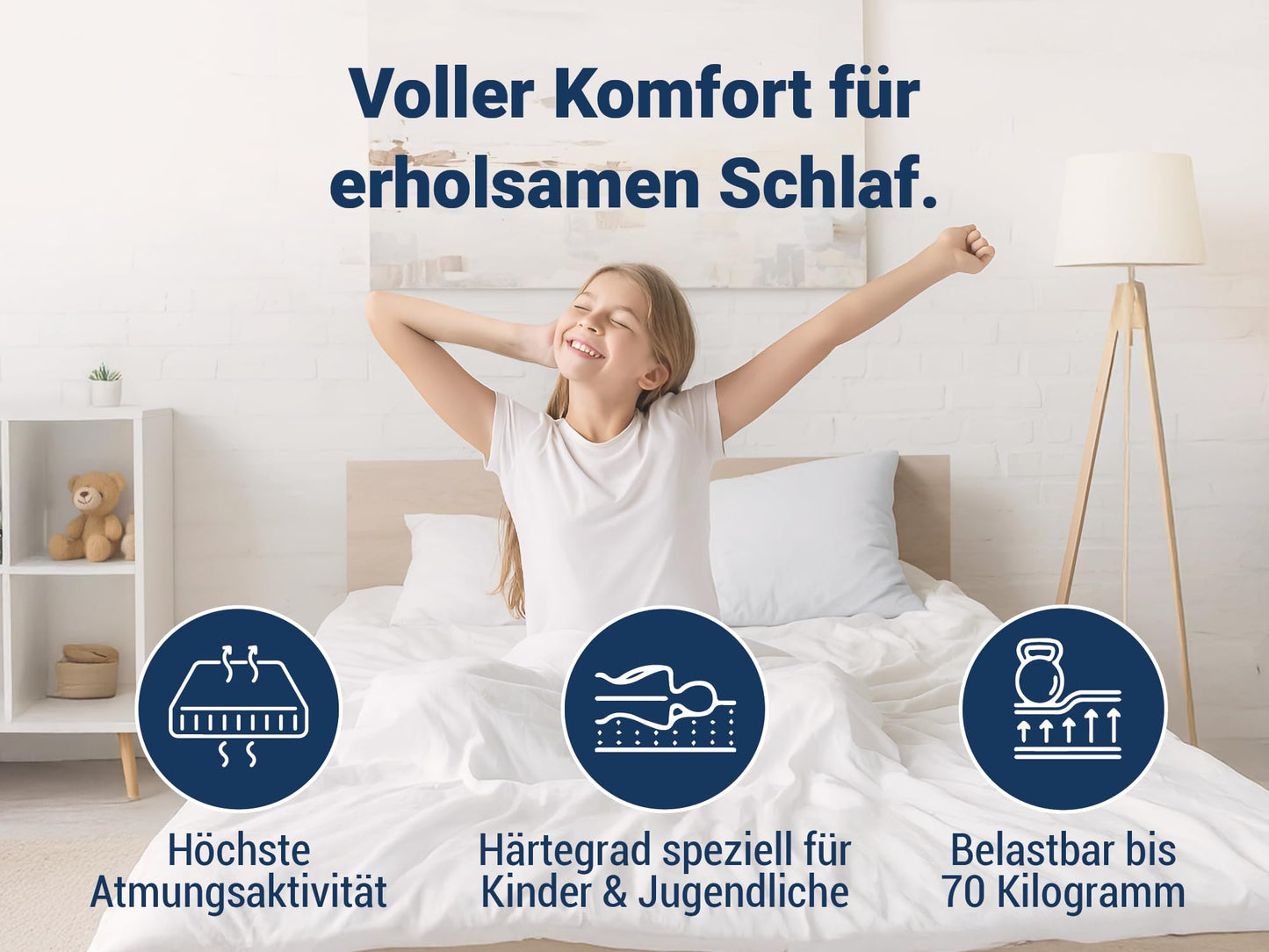 Betten-ABC - Matratze für Kinder & Jugendliche - 120x200 cm - Spezieller Härtegrad & Oeko-TEX-Zertifiziert - Optimale Hygiene Dank abnehmbarem & waschbarem Polyester-Bezug - Lieferung per Paket