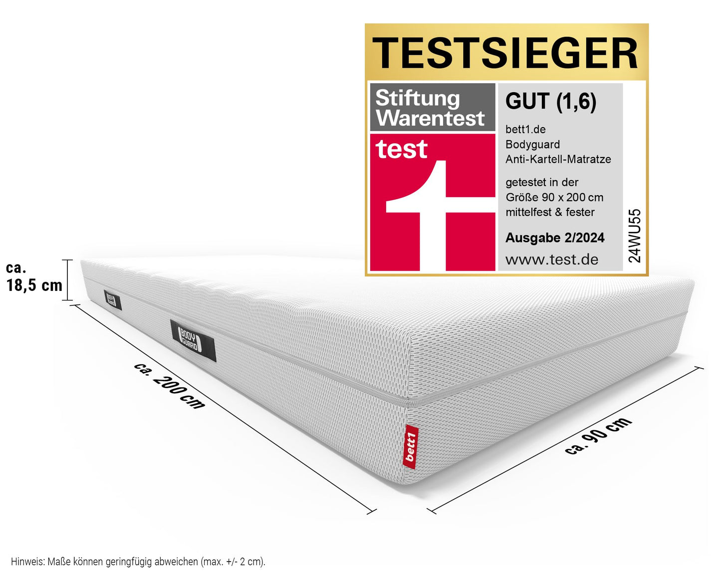 Bodyguard bett1 Anti-Kartell-Matratze | Testsieger Stiftung Warentest: Note 1,6 (Test 2/2024, mittelfest & Fester, 90x200 cm, 2in1 Härtegrade, Bezug waschbar bis 60 Grad, Oeko-TEX 100, QXSchaum)