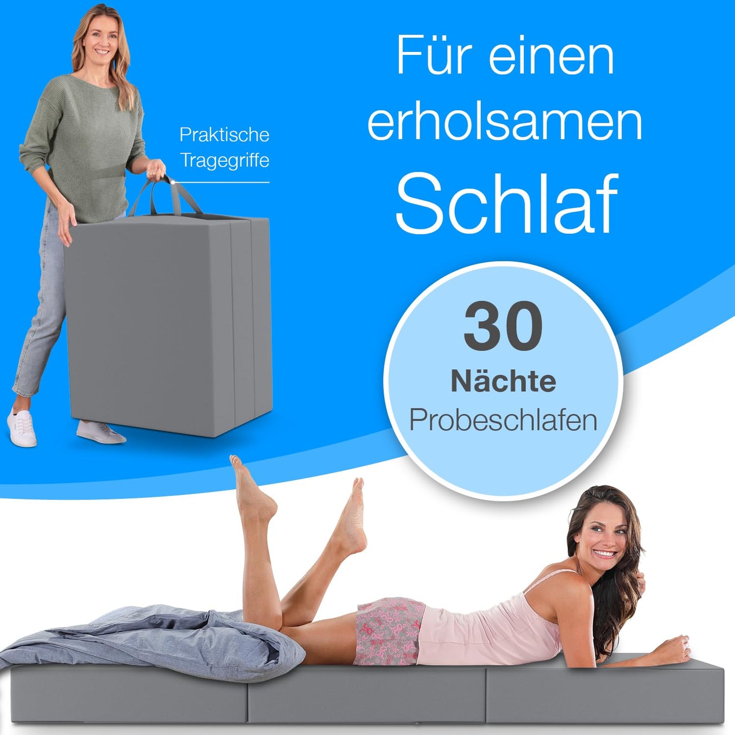 ELONEO Klappmatratze, Gästematratze, 3-teilige Faltmatratze, Schaumstoff extra dick (15cm), waschbar, Bandscheibenwürfel, klappbar, Faltbare Matratze, Erwachsene (Grau, 90 x 200 x 15 cm)