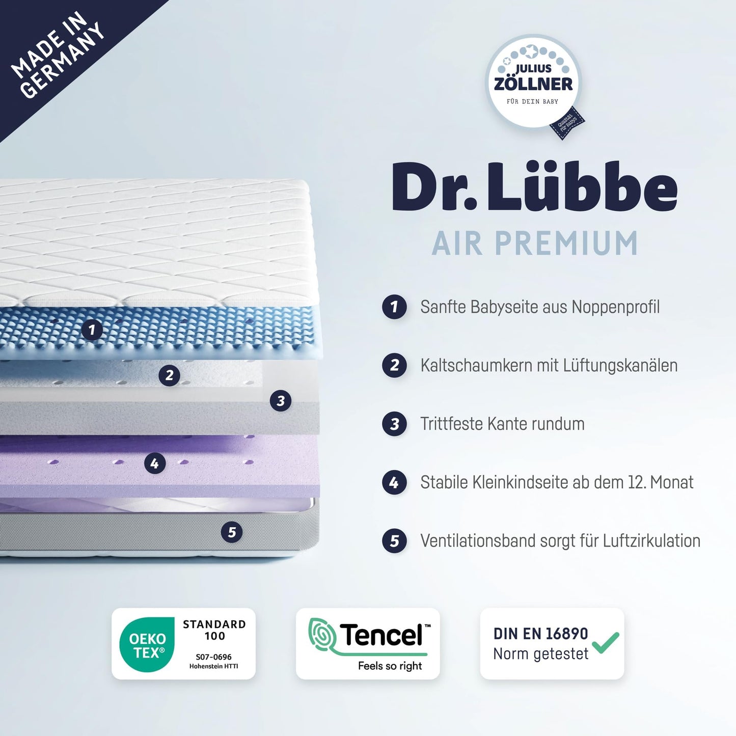 Julius Zöllner Babymatratze Dr. Lübbe Air Premium, TÜV zertifiziert, Standard 100 by OEKO-TEX, 70x140 cm (1er Pack), Weiß