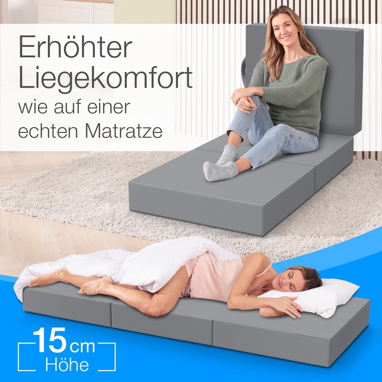 ELONEO Klappmatratze, Gästematratze, 3-teilige Faltmatratze, Schaumstoff extra dick (15cm), waschbar, Bandscheibenwürfel, klappbar, Faltbare Matratze, Erwachsene (Grau, 90 x 200 x 15 cm)