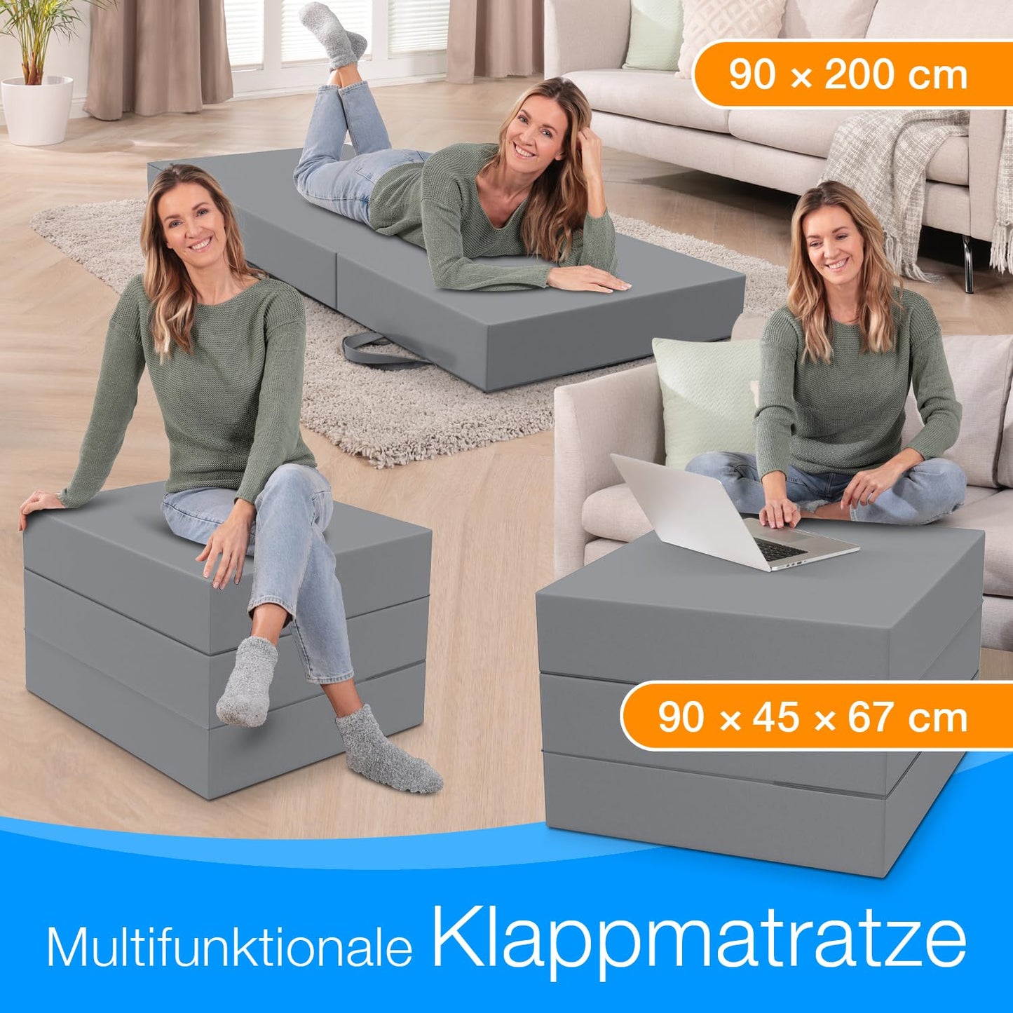 ELONEO Klappmatratze, Gästematratze, 3-teilige Faltmatratze, Schaumstoff extra dick (15cm), waschbar, Bandscheibenwürfel, klappbar, Faltbare Matratze, Erwachsene (Grau, 90 x 200 x 15 cm)