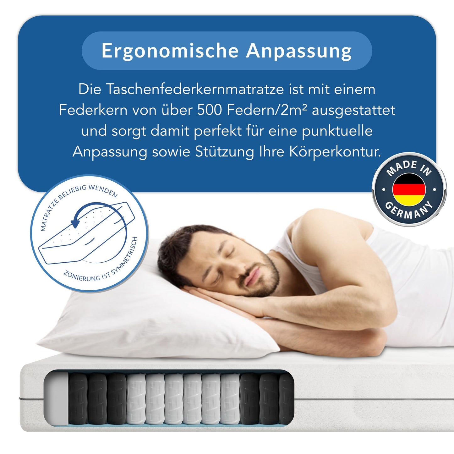 BMM Matratze 90x200 cm Ortho Medic Taschenfederkernmatratze Härtegrad H3/Öko-Tex Zertifiziert/ergonomische 7 Zonen Matratze Höhe 21 cm/Matratzen produziert in Deutschland
