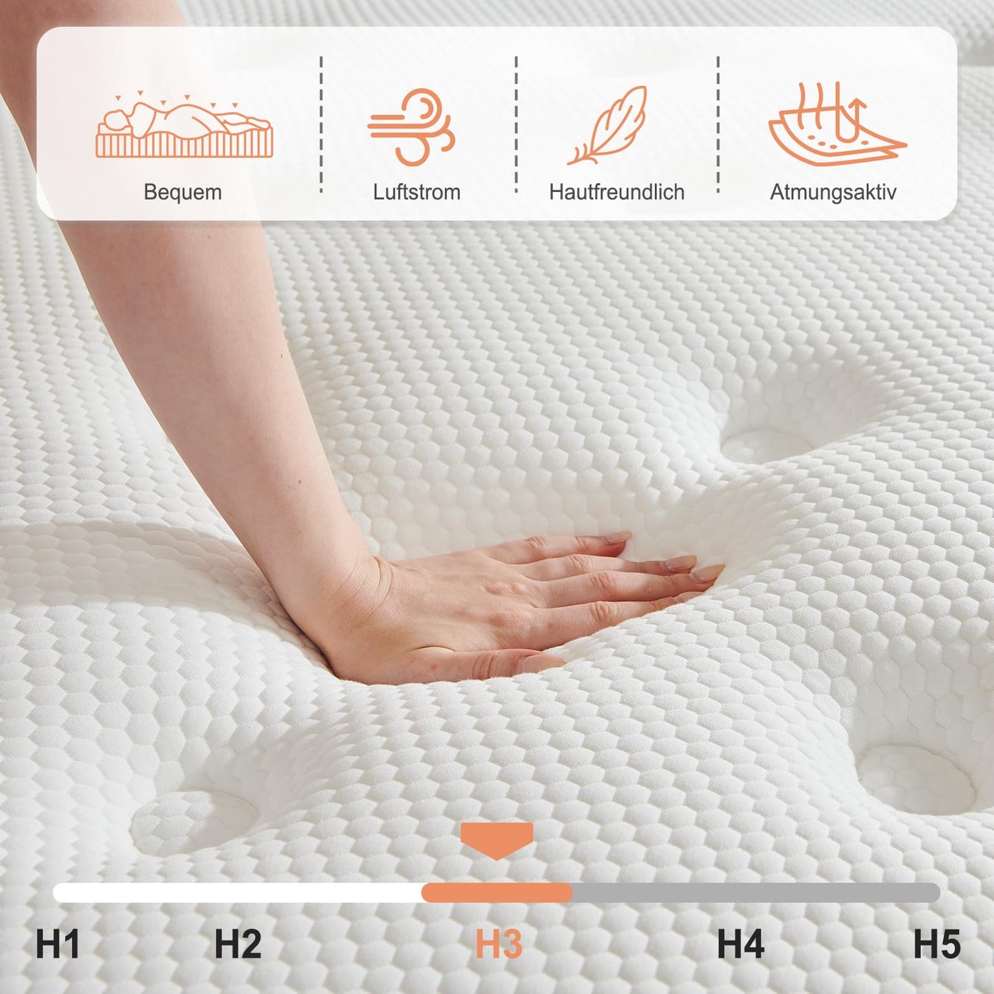 Sleremind Matratze 140x200 cm, Taschenfederkernmatratze Härtegrad H3 mittelfest, 7 Zonen Matratzen mit hochwertigem Komfortschaum, Rückenentlastende, Rollmatratze Höhe 22cm