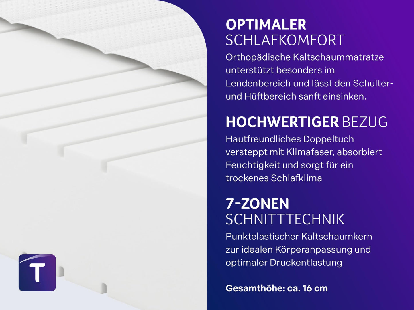 Traumnacht Orthopädische 7-Zonen Kaltschaummatratze, Härtegrad 3 (H3 - mittelfest), Öko-Tex zertifiziert, 140 x 200 cm, Höhe 16 cm, produziert nach deutschem Qualitätsstandard