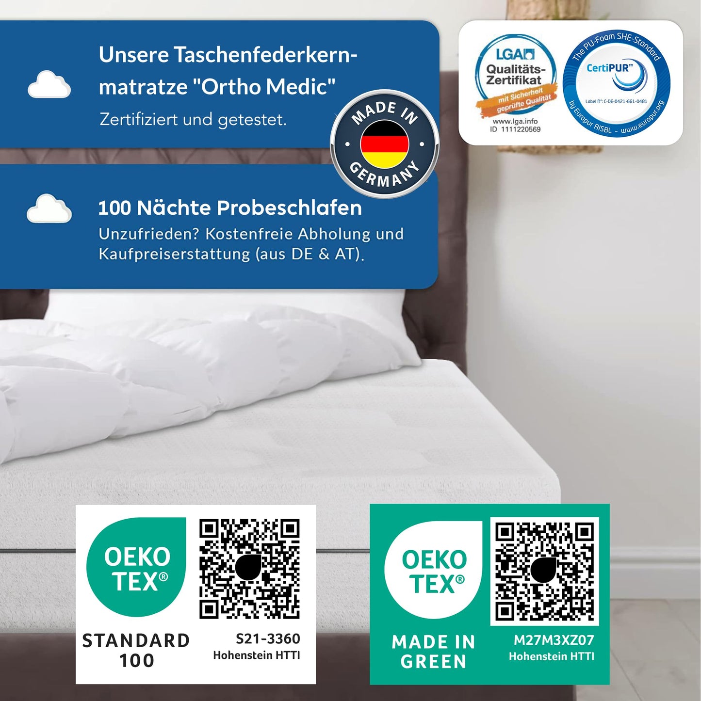 BMM Matratze 90x200 cm Ortho Medic Taschenfederkernmatratze Härtegrad H3/Öko-Tex Zertifiziert/ergonomische 7 Zonen Matratze Höhe 21 cm/Matratzen produziert in Deutschland