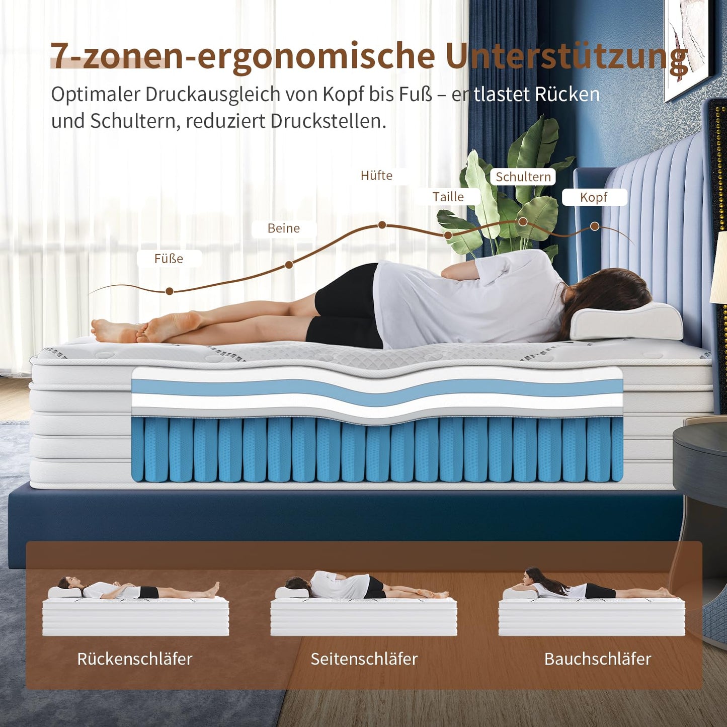 Queblox Matratze 180 x200, Höhe 28cm mit Oeko-TEX Zertifiziert, 7 Zonen Taschenfederkernmatratze mit Komfortschaum, Gewebe mit weicher Oberfläche Matratze für Erwachsene, Härtegrad H3