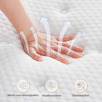 Hiepunos Matratze 140x200 cm 26cm Höhe 7-Zonen Federkernmatratze Orthopädische Taschenfederkernmatratze mit Comfort Memory-Schaum Schicht, Härtegrad H3, Rückenentlastende, 100 Nächte Probeschlafen