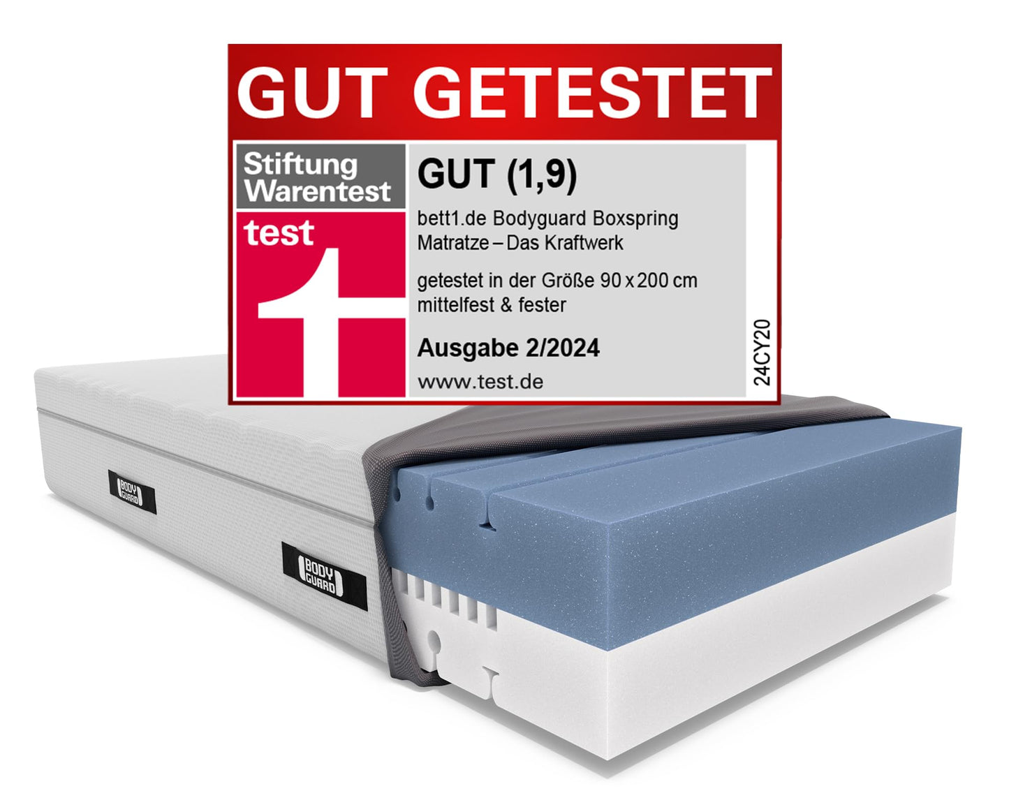 Bodyguard bett1 Boxspring Matratze | Stiftung Warentest Note 1,9 (Test 2/2024: Mittelfest & Fester, 90x200 cm, ca. 28 cm Matratzen-Höhe, 100% Vollschaum, 2in1 Liegehärten, Oeko-TEX 100, QXSchaum)