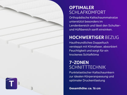 Traumnacht Orthopädische 7-Zonen Kaltschaummatratze, Härtegrad 3 (H3 - mittelfest), Öko-Tex zertifiziert, 140 x 200 cm, Höhe 16 cm, produziert nach deutschem Qualitätsstandard