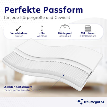 Träumegut24 AquaFlex 7-Zonen Matratze 140x200 cm | H2&H3 | Ergonomische Kaltschaummatratze | Hypoallergen & Antibakteriell | Bezug abnehmbar & waschbar | Oeko-TEX® | (19cm, 140 x 200 cm)