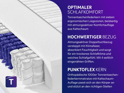 Traumnacht Exklusiv 7-Zonen 1.000er Tonnentaschenfederkernmatratze, Stiftung Warentest Testurteil Gut - Ausgabe 10/2023, 23 cm Premiumhöhe, Öko-Tex zertifiziert, Härtegrad 4 (H4), 90 x 200 cm